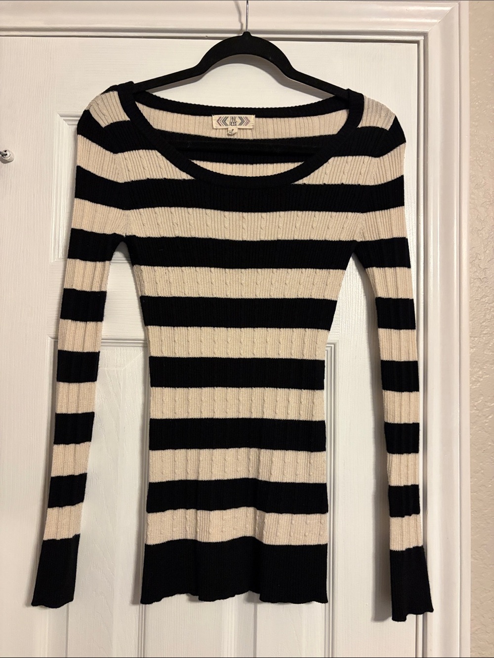Pink Rose Black and Cream Striped Ribbed Top
